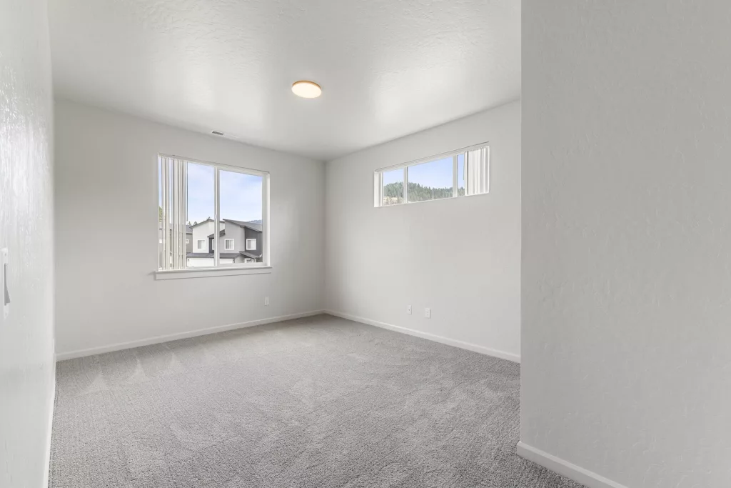 Empty room with carpeted floor, white walls, and two windows letting in natural light.