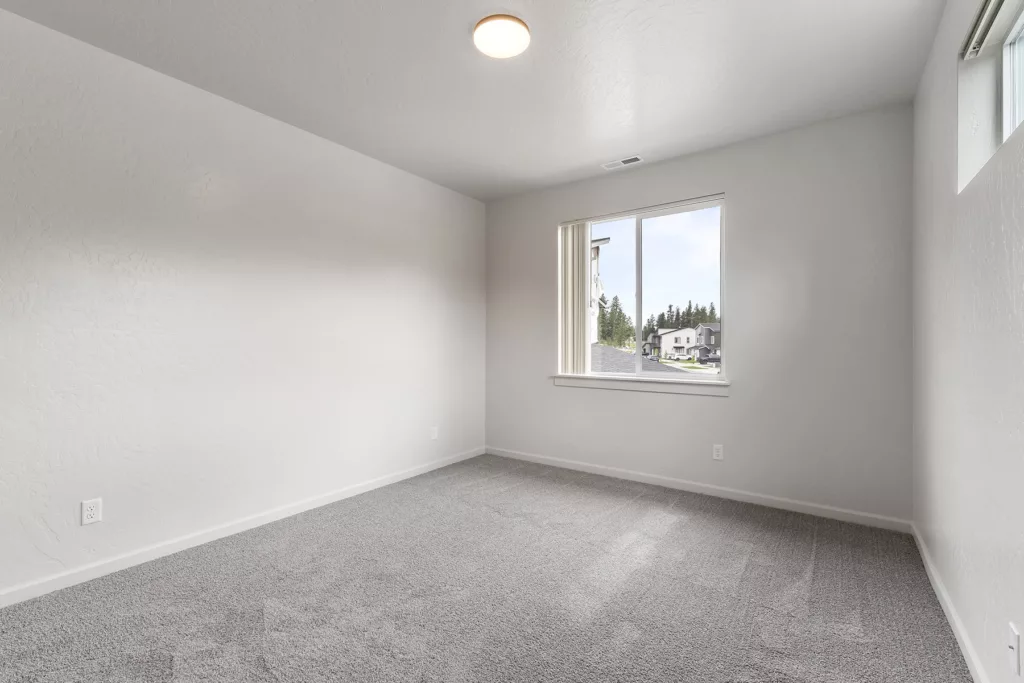 Empty room with carpeted floor, white walls, a ceiling light, and a window showing a suburban view outside.